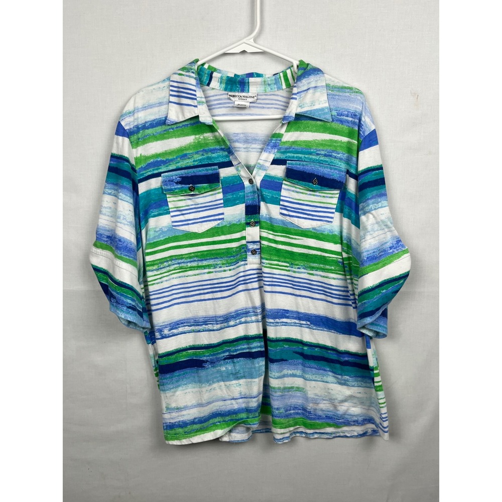 Rebecca Malone Woman Knit Top Womens 2X Striped Short Sleeve Button Front Blue